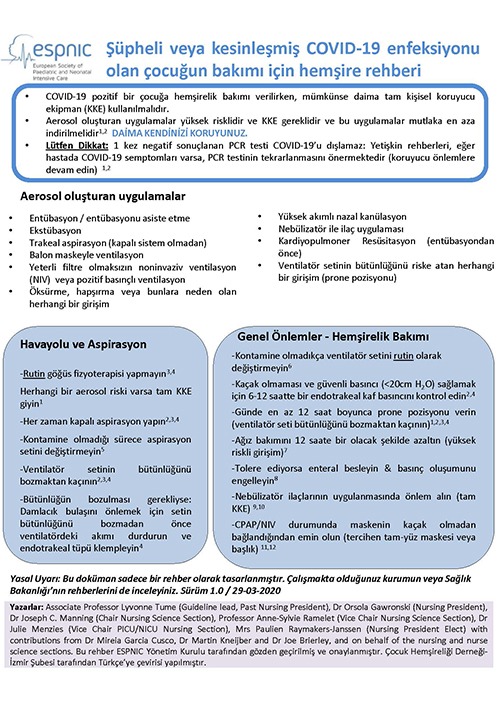 Şüpheli̇ Veya Kesi̇nleşmi̇ş COVID-19 Enfeksi̇yonu Olan Çocuğun Bakımı İçi̇n Hemşi̇re Rehberi̇