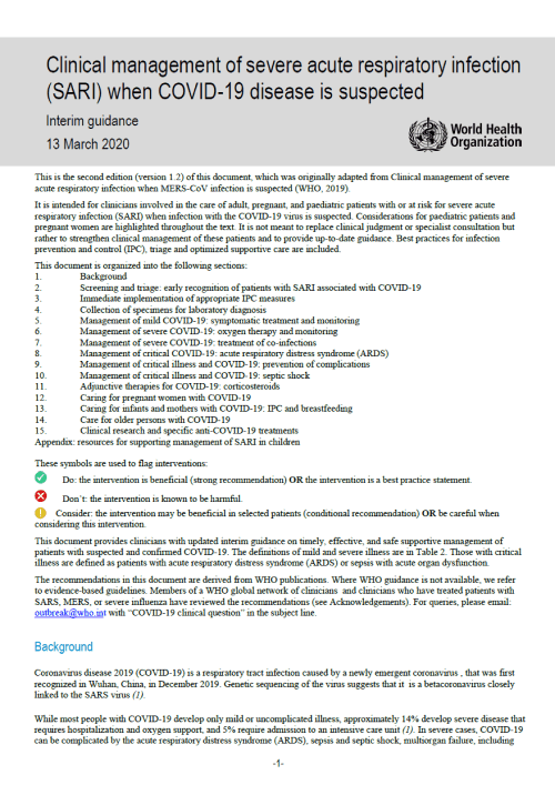 Clinical Management of Severe Acute Respiratory Infection (SARI) When COVID-19 Disease is Suspected